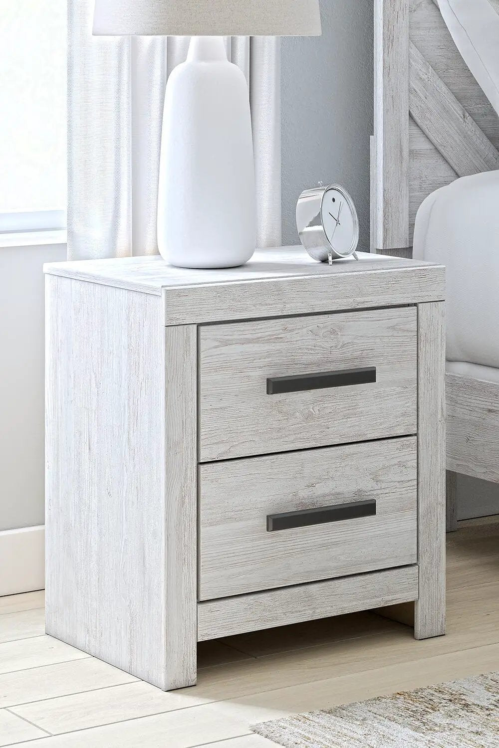 Cayboni Two Drawer Nightstand | Whitewash Finish | Replicated Worn Paint | Engineered Wood