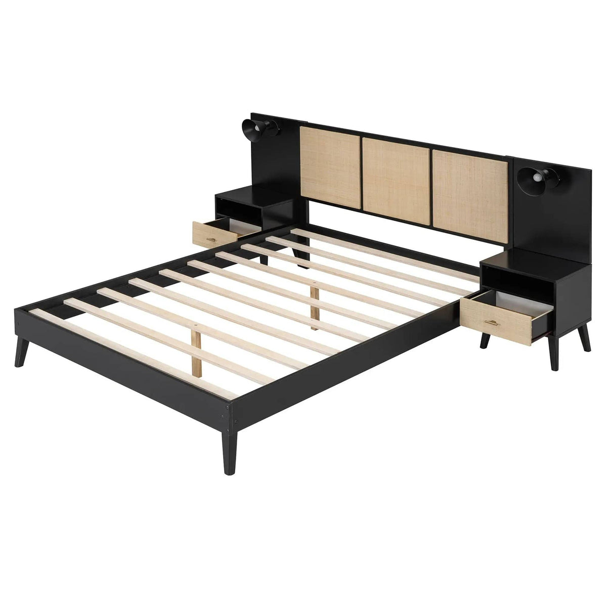 Bed Frame With 2 Nightstands Elegant Design With Lamps 3 Piece Bedroom Set | 84 x 98 x 41.3 in | Solid Wood & Rattan | Bedroom