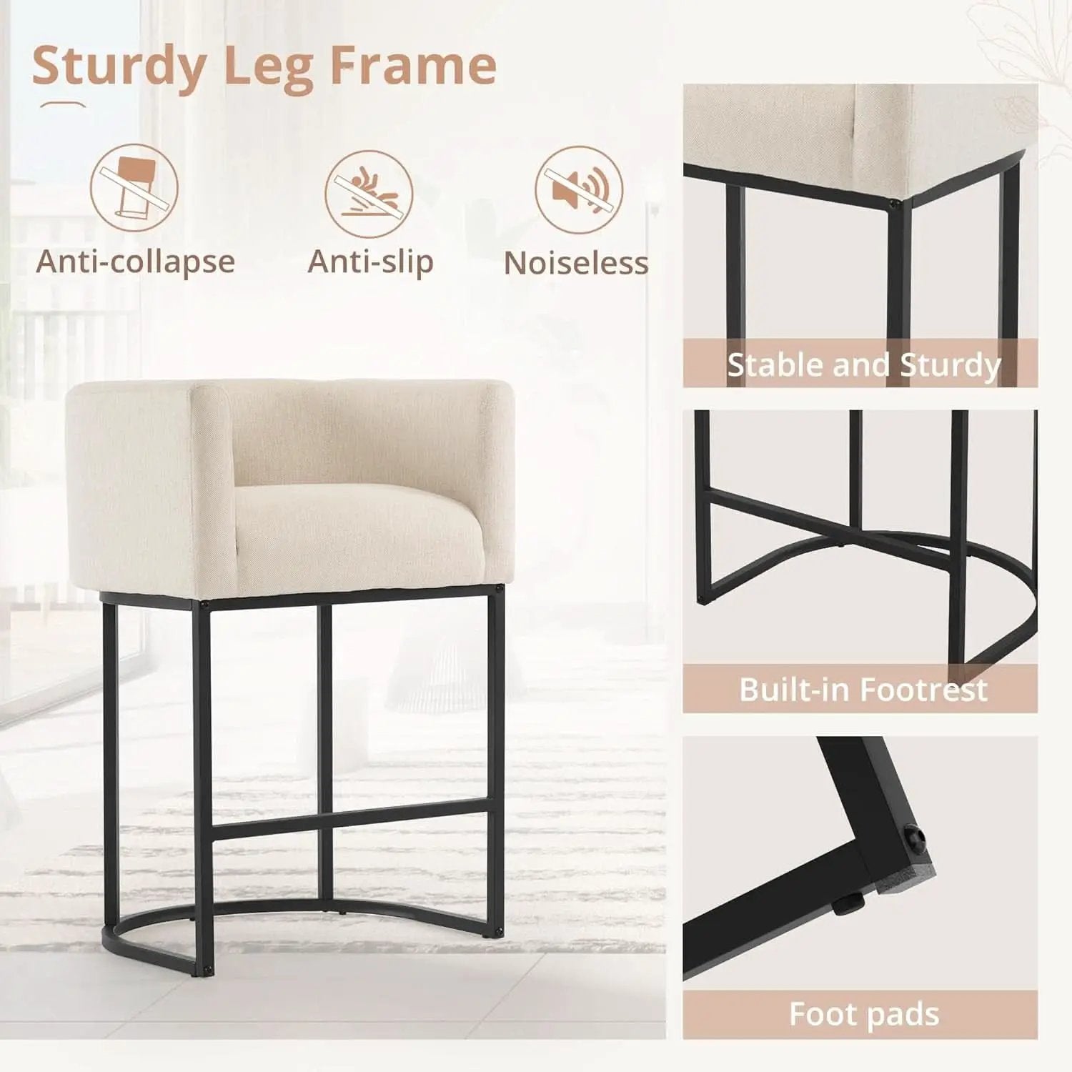 27 Inch Counter Height Bar Stool With Backrest And Armrests, Linen Upholstery, Black Metal Frame from PriceLows™