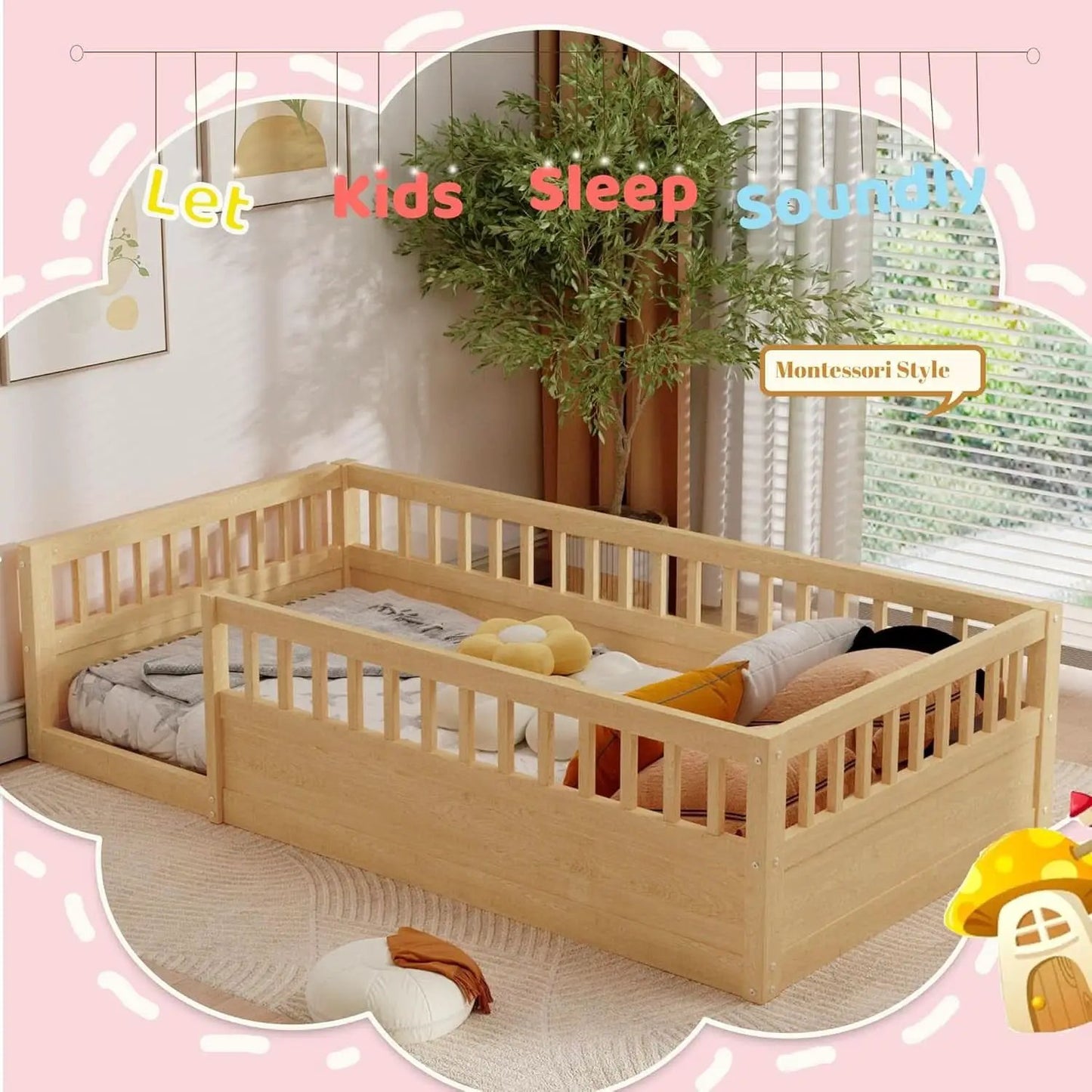 Twin Montessori Floor Bed With High Safety Rails Natural from PriceLows™
