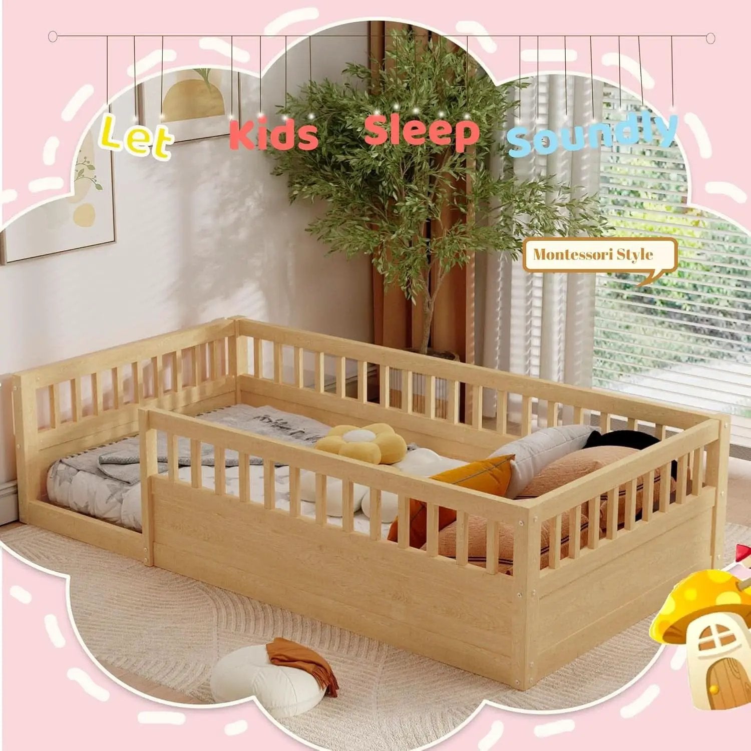 Twin Montessori Floor Bed With High Safety Rails Natural from PriceLows™
