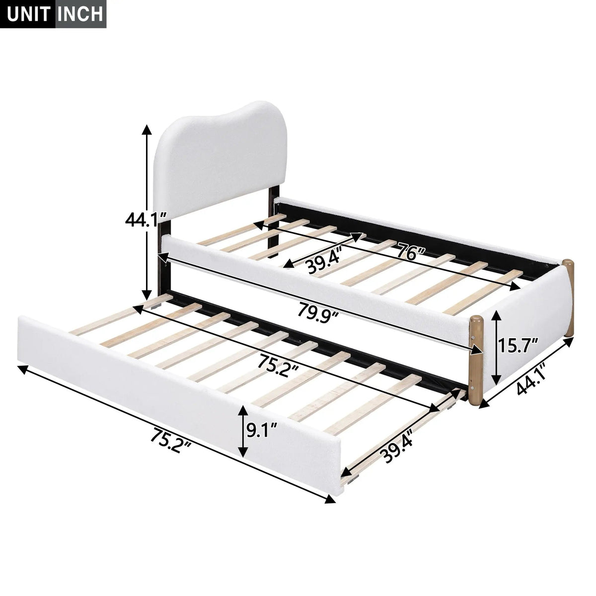 Upholstered Platform Bed | Trundle | Arc-Shaped Berber Fleece Headboard | Wood Supporting Feet