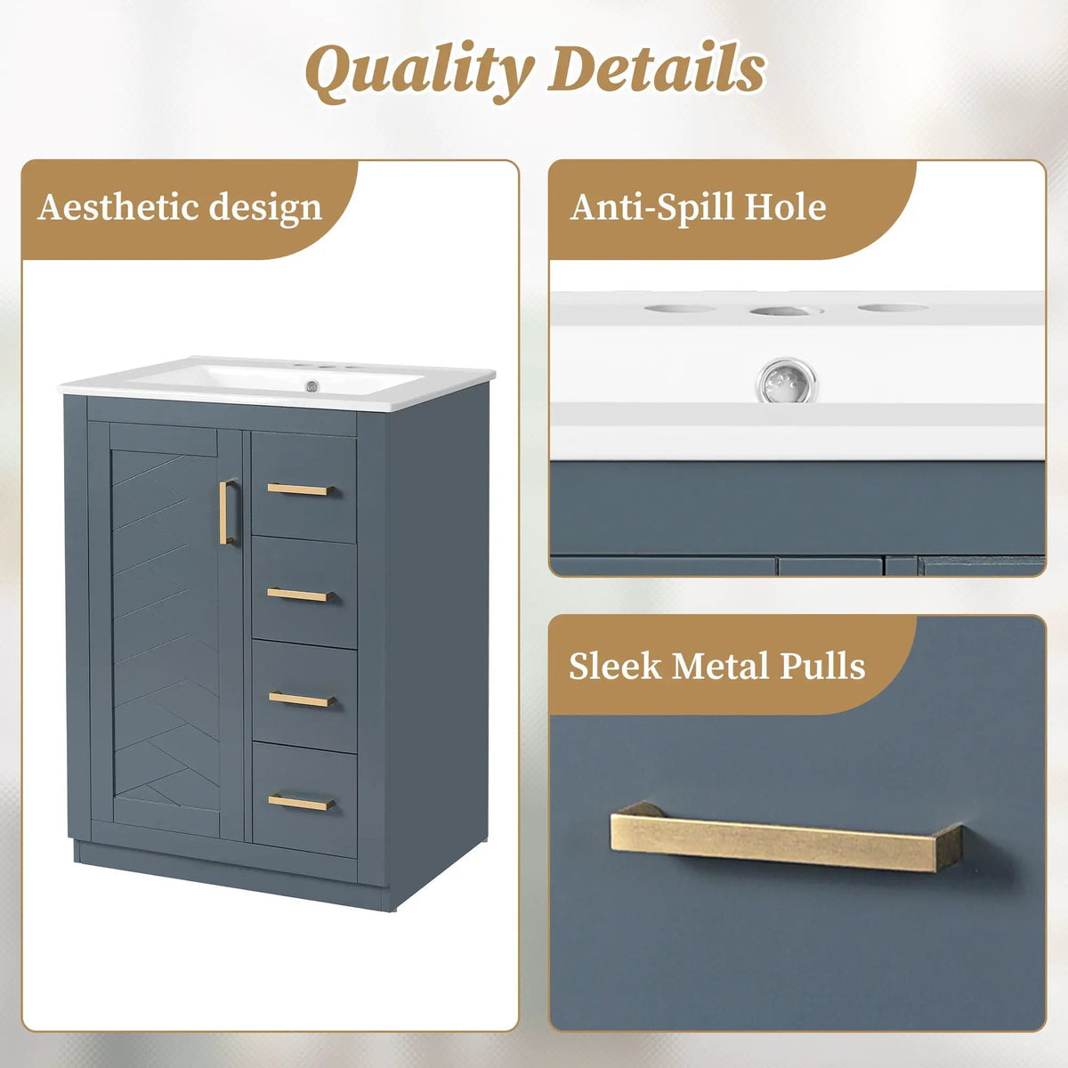 24 Inch Modern Bathroom Vanity | 1 Door 3 Drawers | Ceramic Sink | Compact Footprint