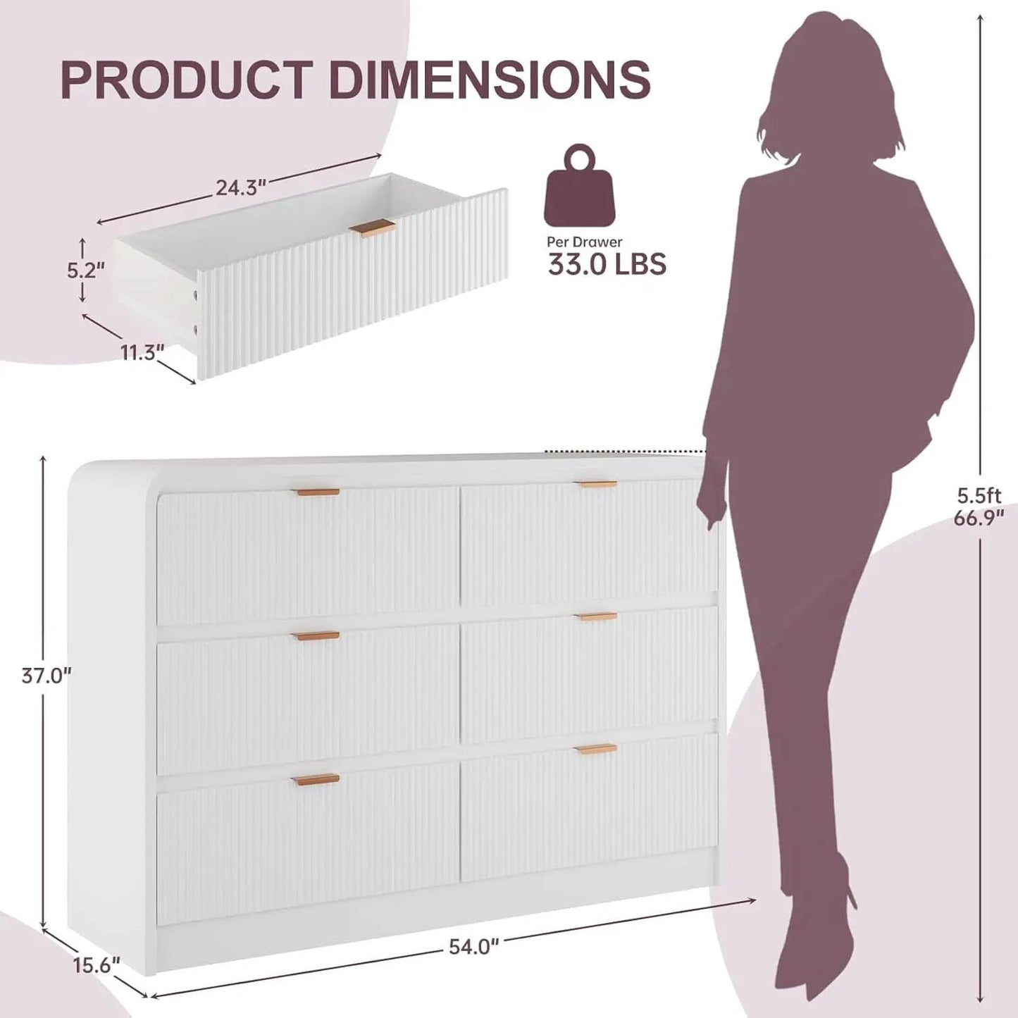 Fluted 6 Drawer Dresser 54 Inch White Solid Wood Storage from PriceLows™