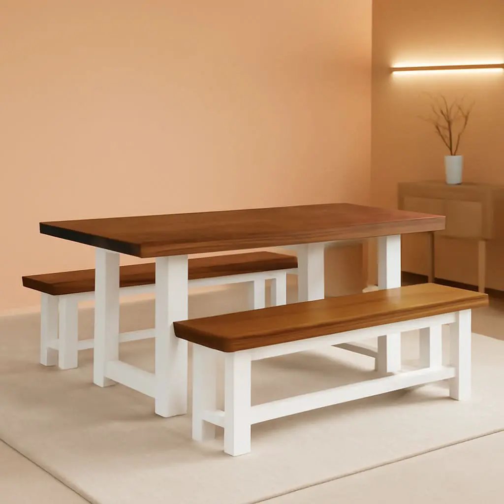 47 Inch Dining Table Set For 4 With 2 Benches Farmhouse White And Rustic Brown from PriceLows™