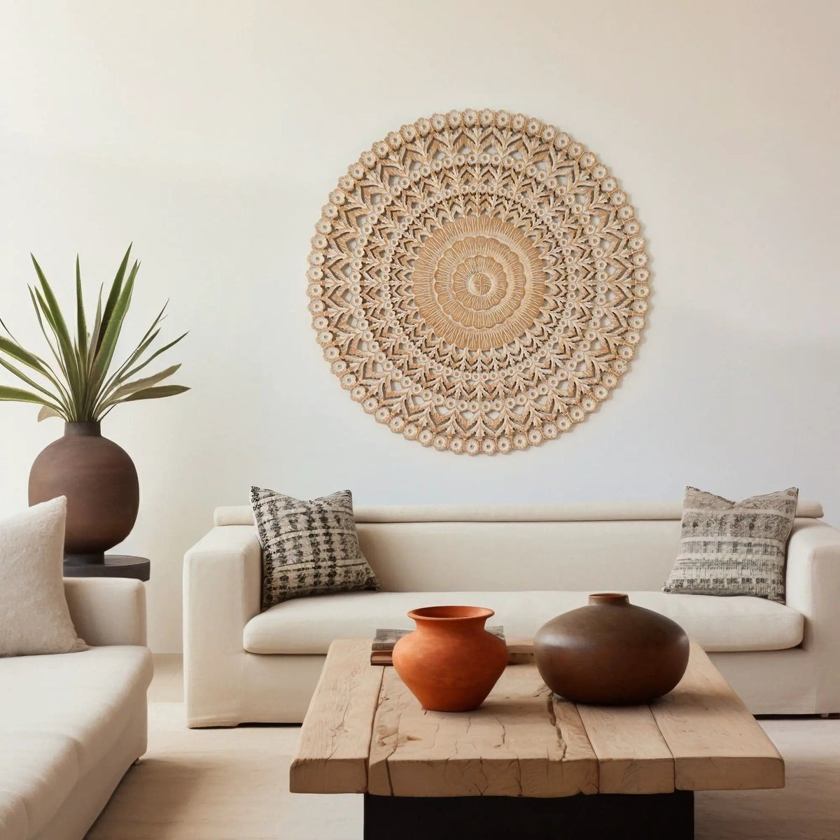 Floral Hand Carved Mandala Round Wall Decor Brown / Antique | 48 x 0.66 x 48 in | Home Furniture | White