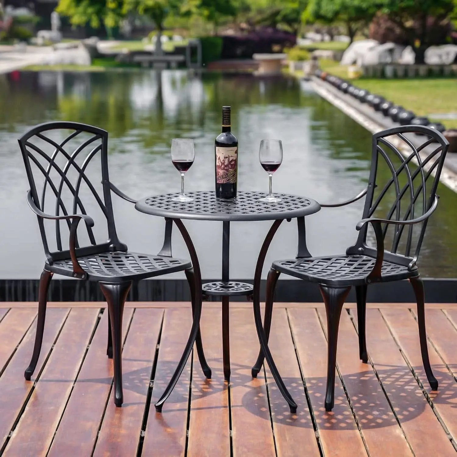 Outdoor Cast Aluminum Bistro Set 3 Piece Table And 2 Chairs Black from PriceLows™