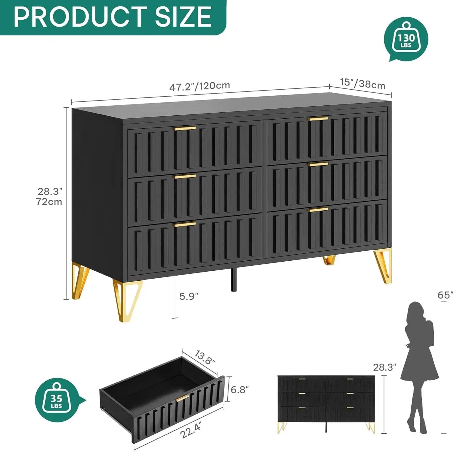 Fluted Stainlesssteel Dresser Six Drawer Black Mattefinish from PriceLows™