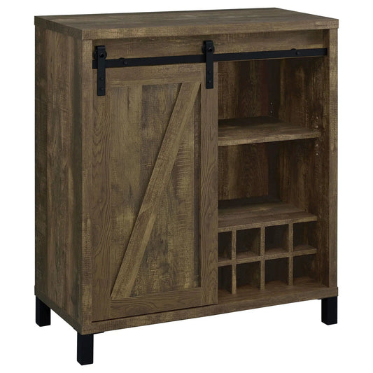 Arlington Sliding Door Home Bar Wine Cabinet Rustic | 35.5 x 15.5 x 41.75 in | Engineered Wood & Metal | Oak