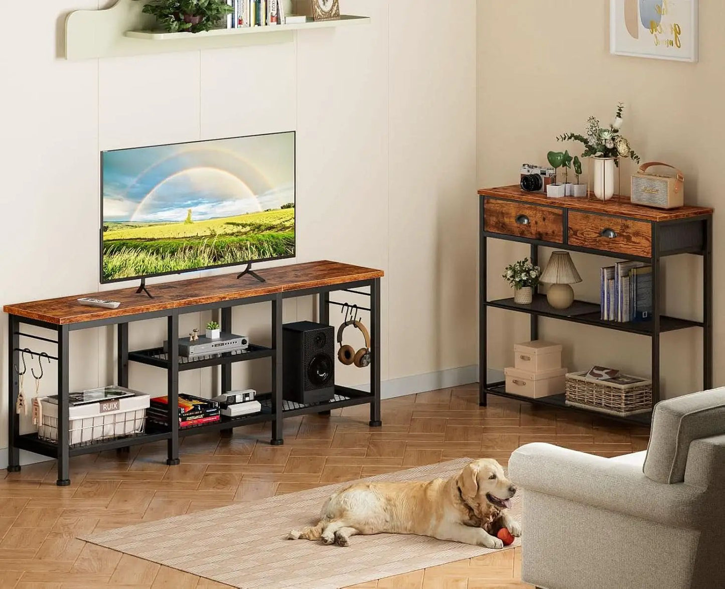 Rustic Brown TV Stand For 55 Inch With Open Storage Shelves from PriceLows™