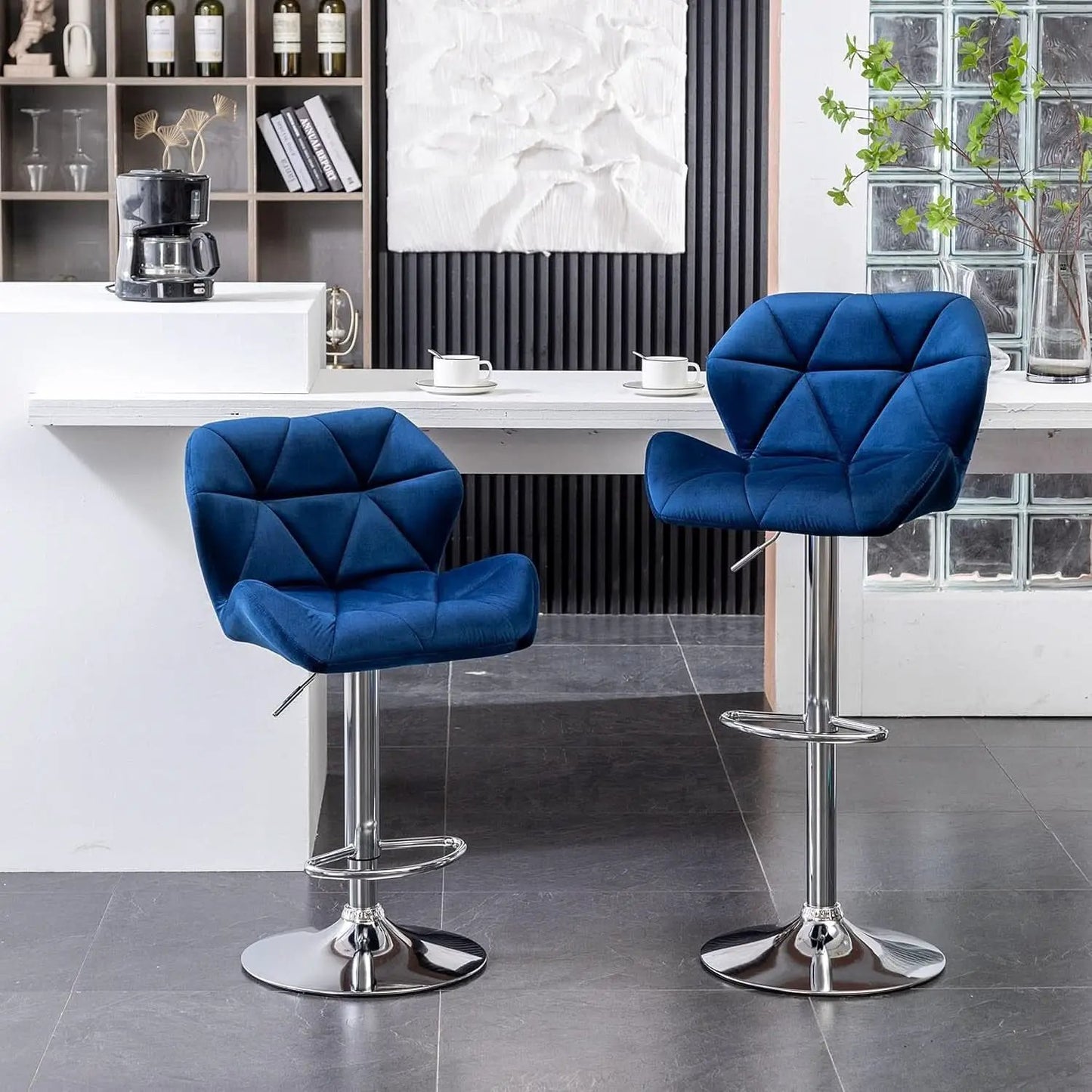 Velvet Diamond Tufted Swivel Barstools Blue Adjustable Height Set of 2 from PriceLows™