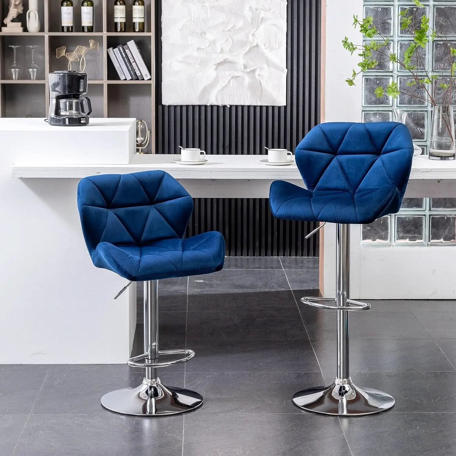 Velvet Diamond Tufted Swivel Barstools Blue Adjustable Height Set of 2 from PriceLows™