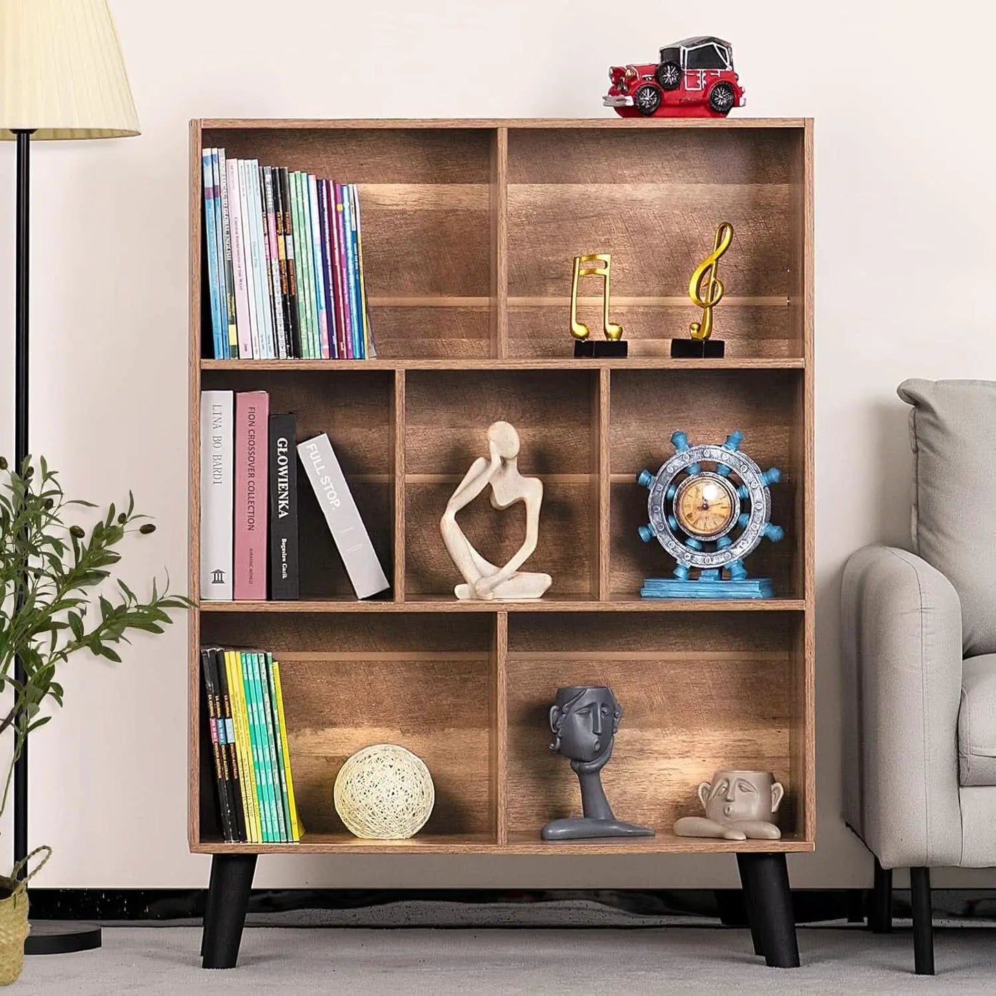 7 Cube Bookshelf 3 Tier Modern With Legs Oak Grey Display from PriceLows™