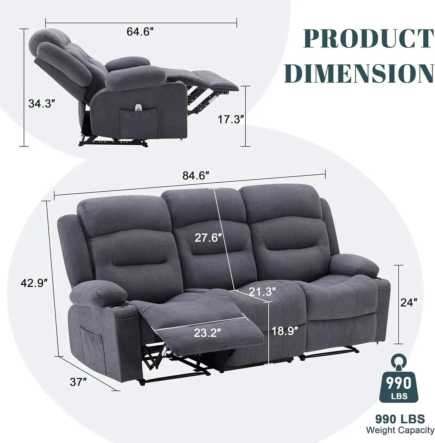 Oversized Charcoal Grey Recliner Sofa With USB Port And Heated Massage from PriceLows™