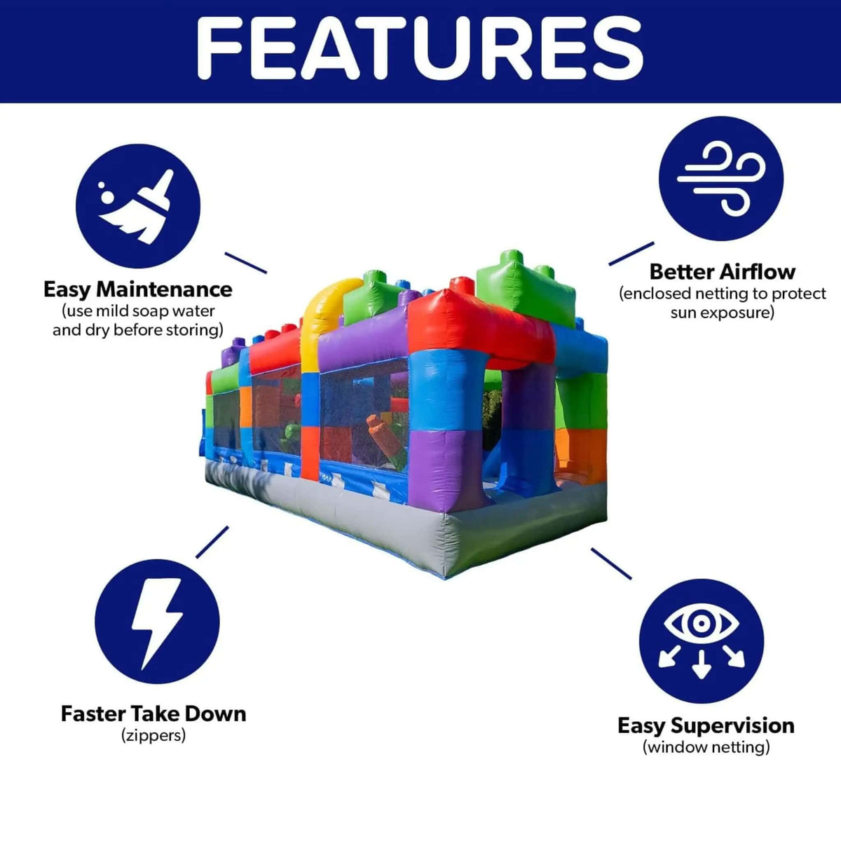 20FT Giant Multicolor Block Inflatable Obstacle Course With Large Mesh Windows | 20 ft | Inflatable Bouncer | Home