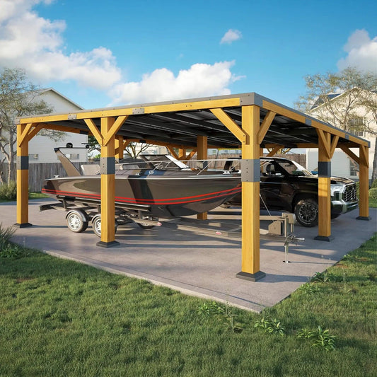 Heavy-Duty All-Weather Outdoor Cedar Wood Carport With Galvanized Steel Roof | Steel | Outdoor Living Use | Outdoor Living