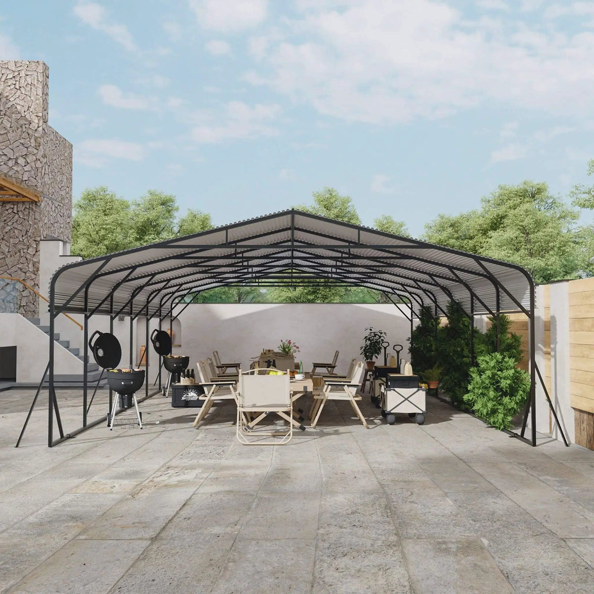 Heavy-Duty Wind-Resistant Steel Roof Carport With Triangular Frame | Steel | Home Use | Home