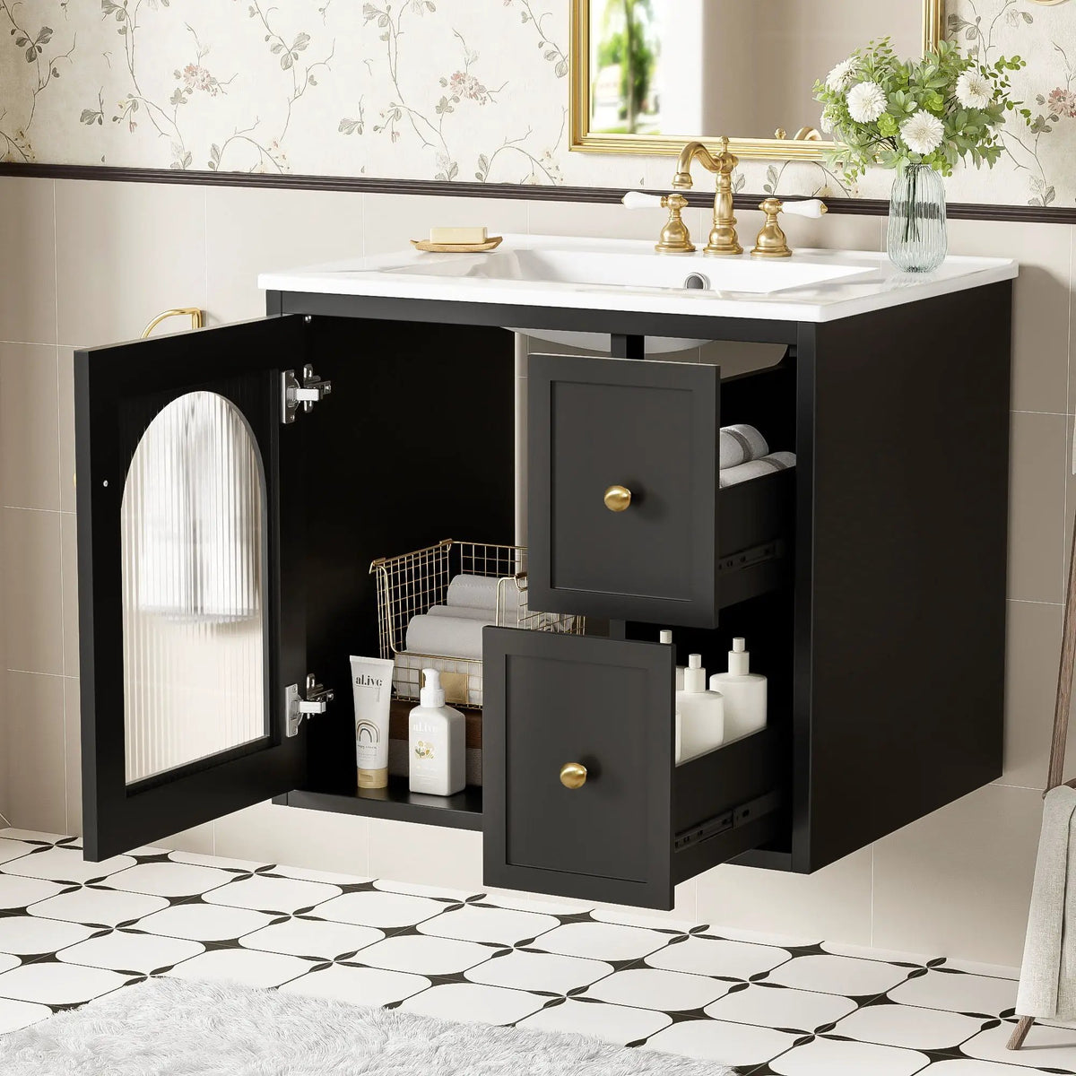 Wall-Mounted Bathroom Vanity Set | Sink Included | 2 Drawers | Soft-Close Glass Door Cabinet