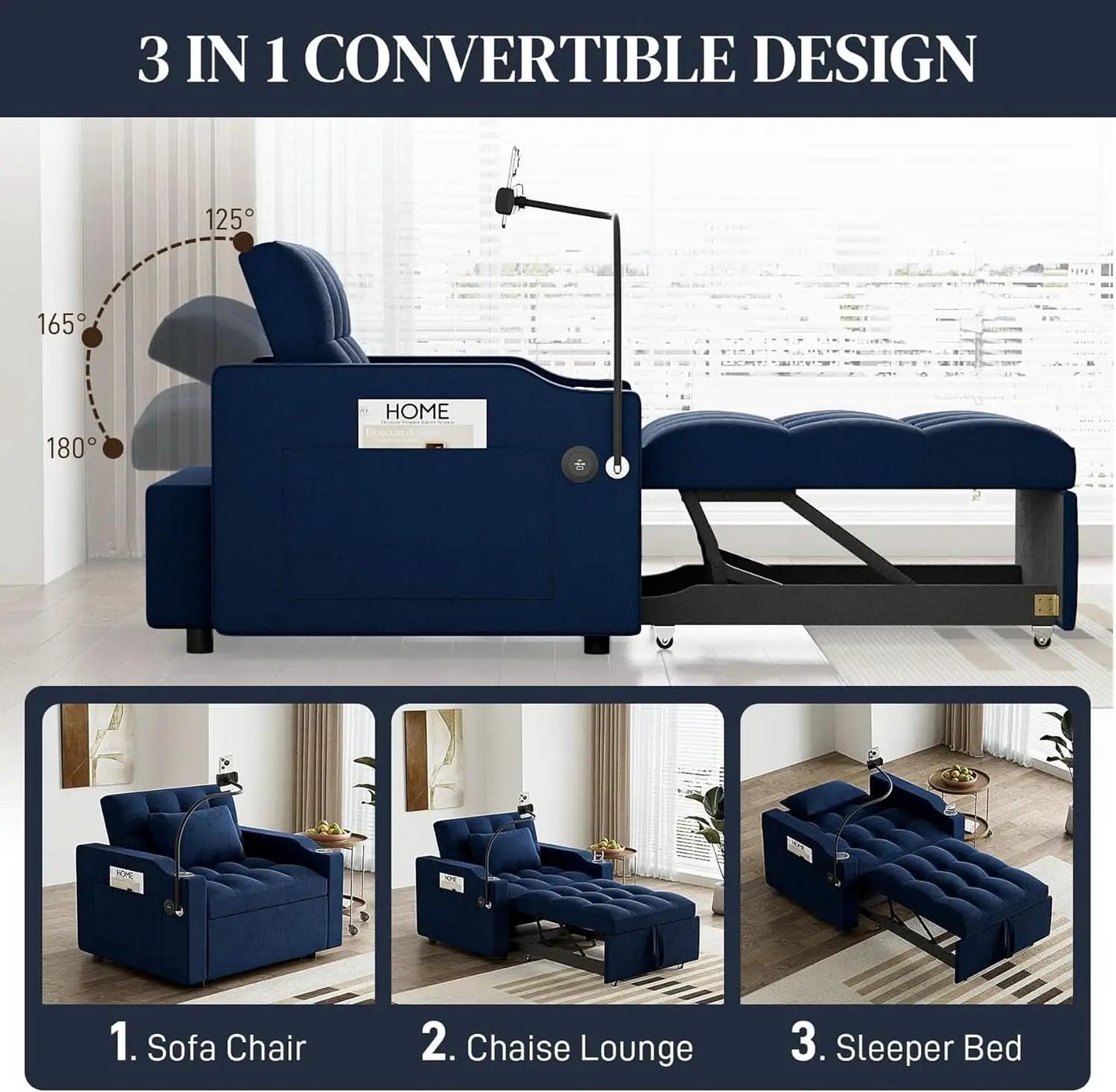 Blue Velvet SpaceSaving Convertible Sofa Chair USB from PriceLows™