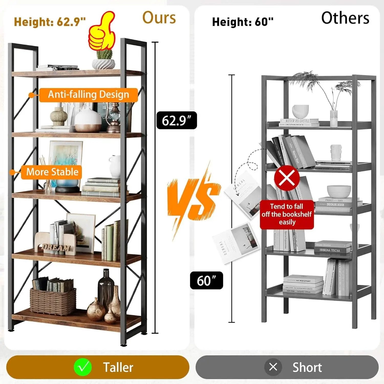 5 Tier Bookshelf Rustic Brown Tall Bookcase For Home Office from PriceLows™