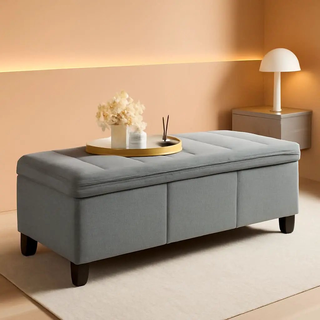 Forty Seven Inch Storage Ottoman Bench Linen Gray Fabric from PriceLows™