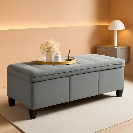 Forty Seven Inch Storage Ottoman Bench Linen Gray Fabric from PriceLows™