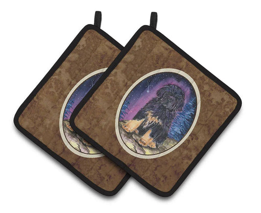 Pot Holder Set of 2 | Heat Resistant Quilted Hot Pads | 7.5 x 7.5 Inch | Starry Night Tibetan Mastiff