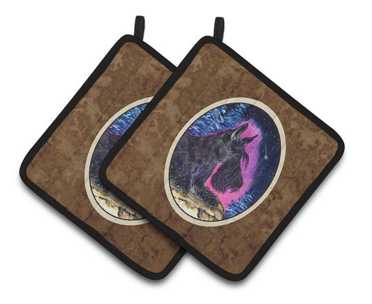 Pot Holder Set of 2 | Heat Resistant Quilted Hot Pads | 7.5 x 7.5 Inch | Starry Night Scottish Terrier