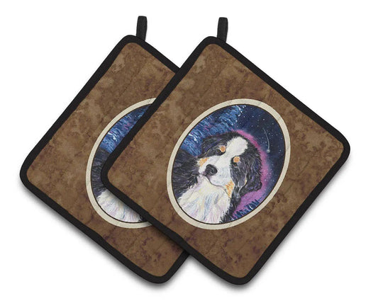 Pot Holder Set of 2 | Heat Resistant Quilted Hot Pads | 7.5 x 7.5 Inch | Starry Night Bernese Mountain Dog