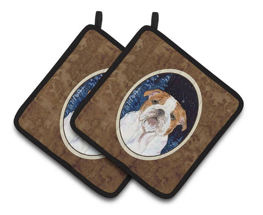 Pot Holder Set of 2 | Heat Resistant Quilted Hot Pads | 7.5 x 7.5 Inch | Starry Night English Bulldog