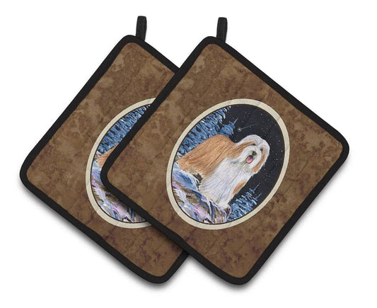 Pot Holder Set of 2 | Heat Resistant Quilted Hot Pads | 7.5 x 7.5 Inch | Starry Night Bearded Collie (Style 2)