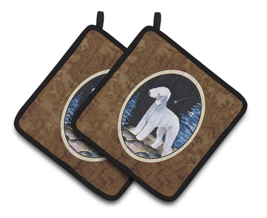 Pot Holder Set of 2 | Heat Resistant Quilted Hot Pads | 7.5 x 7.5 Inch | Starry Night Bedlington Terrier