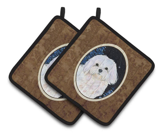 Pot Holder Set of 2 | Heat Resistant Quilted Hot Pads | 7.5 x 7.5 Inch | Starry Night Maltese