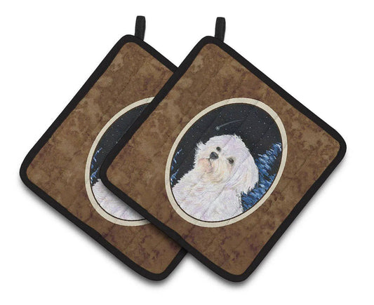 Pot Holder Set of 2 | Heat Resistant Quilted Hot Pads | 7.5 x 7.5 Inch | Starry Night Maltese (Style 2)
