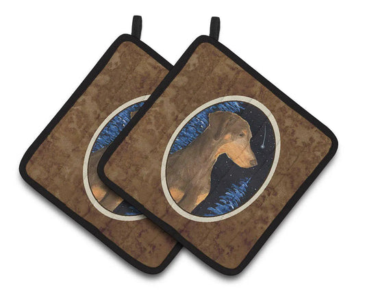 Pot Holder Set of 2 | Heat Resistant Quilted Hot Pads | 7.5 x 7.5 Inch | Starry Night Doberman