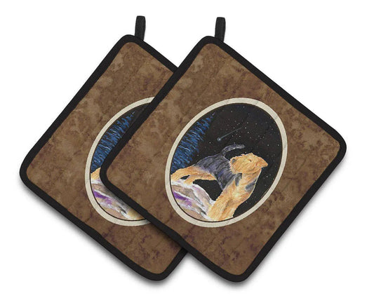 Pot Holder Set of 2 | Heat Resistant Quilted Hot Pads | 7.5 x 7.5 Inch | Starry Night Welsh Terrier