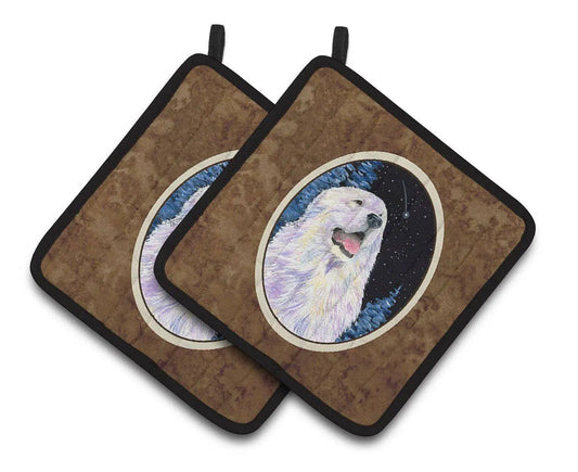 Pot Holder Set of 2 | Heat Resistant Quilted Hot Pads | 7.5 x 7.5 Inch | Starry Night Great Pyrenees (Style 3)
