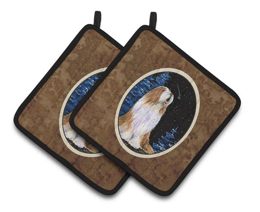 Pot Holder Set of 2 | Heat Resistant Quilted Hot Pads | 7.5 x 7.5 Inch | Starry Night Bearded Collie