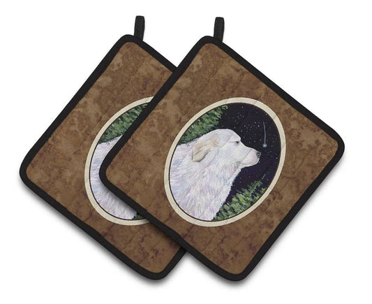 Pot Holder Set of 2 | Heat Resistant Quilted Hot Pads | 7.5 x 7.5 Inch | Starry Night Great Pyrenees (Style 2)