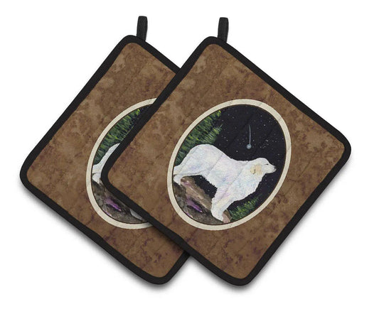 Pot Holder Set of 2 | Heat Resistant Quilted Hot Pads | 7.5 x 7.5 Inch | Starry Night Great Pyrenees