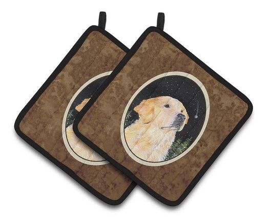 Pot Holder Set of 2 | Heat Resistant Quilted Hot Pads | 7.5 x 7.5 Inch | Starry Night Golden Retriever