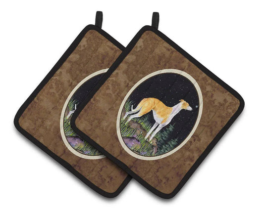 Pot Holder Set of 2 | Heat Resistant Quilted Hot Pads | 7.5 x 7.5 Inch | Starry Night Whippet