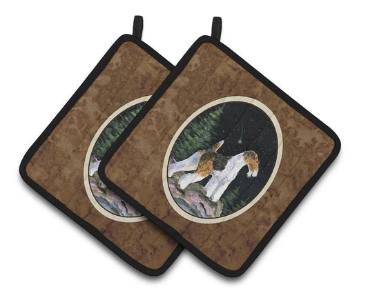 Pot Holder Set of 2 | Heat Resistant Quilted Hot Pads | 7.5 x 7.5 Inch | Starry Night Fox Terrier (Style 2)