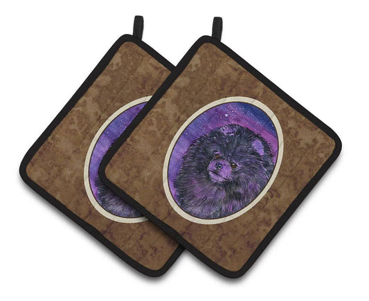 Pot Holder Set of 2 | Heat Resistant Quilted Hot Pads | 7.5 x 7.5 Inch | Starry Night Pomeranian (Style 2)