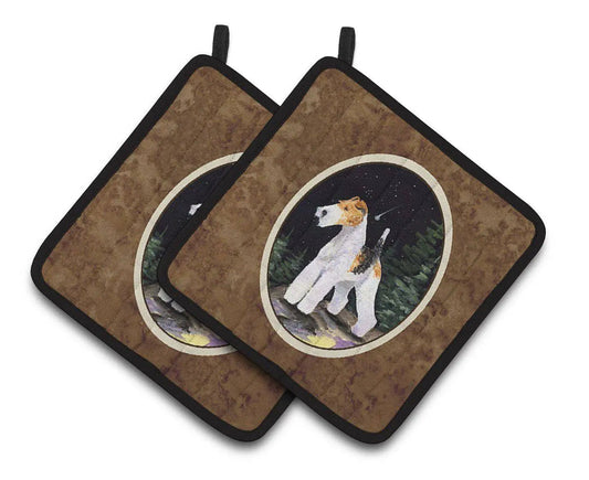 Pot Holder Set of 2 | Heat Resistant Quilted Hot Pads | 7.5 x 7.5 Inch | Starry Night Fox Terrier