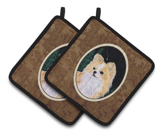 Pot Holder Set of 2 | Heat Resistant Quilted Hot Pads | 7.5 x 7.5 Inch | Starry Night Chihuahua