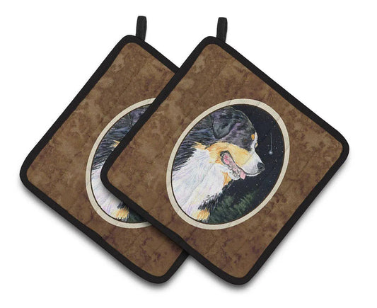 Pot Holder Set of 2 | Heat Resistant Quilted Hot Pads | 7.5 x 7.5 Inch | Starry Night Bernese Mountain Dog (Style 3)