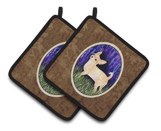 Pot Holder Set of 2 | Heat Resistant Quilted Hot Pads | 7.5 x 7.5 Inch | Starry Night Chihuahua (Style 3)