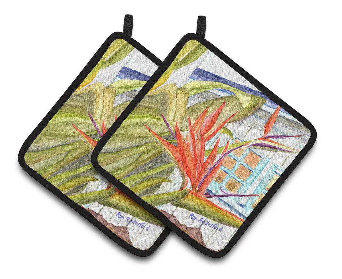 Pot Holder Set of 2 | Heat Resistant Quilted Hot Pads | 7.5 x 7.5 Inch | Flower - Bird of Paradise