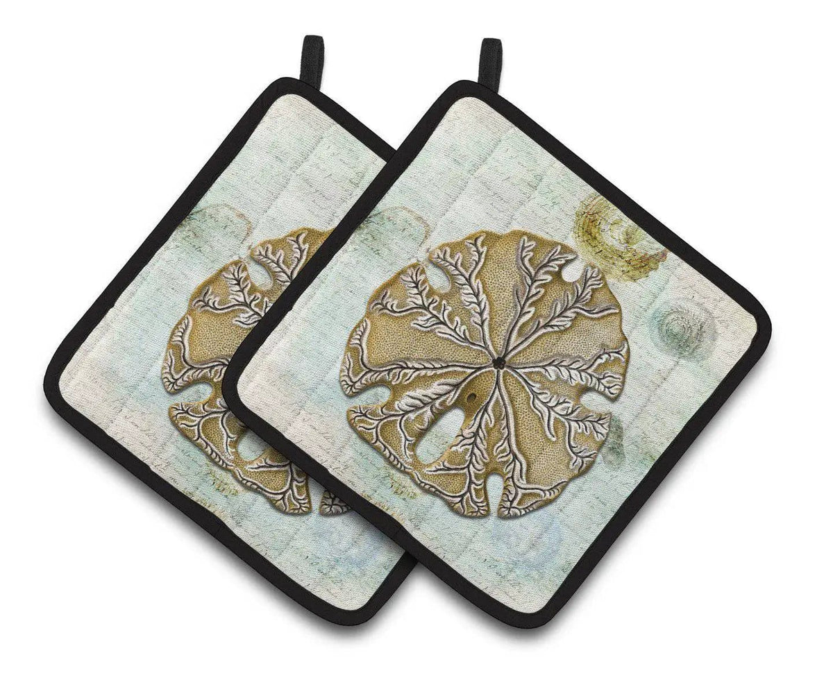 Pot Holder Set of 2 | Heat Resistant Quilted Hot Pads | 7.5 x 7.5 Inch | Beach Gold Sand Dollar #2